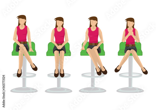 Set of full length casual woman in various sitting positions isolated on white background.