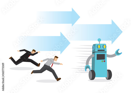 Robot running faster than any office workers in a race. Depicts the danger of automation, future jobless market and artificial intelligence.