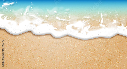 Summer background. Transparent sea wave on the sandy shore.  3D vector. High detailed realistic illustration.