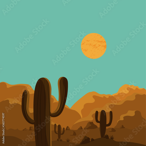 Sunset in the desert with mountains and cactuses. Vector illustration.