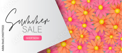 Summer sale banner or header. Realistic flower background- pink and orange daisies. Vector illustration with lettering.
