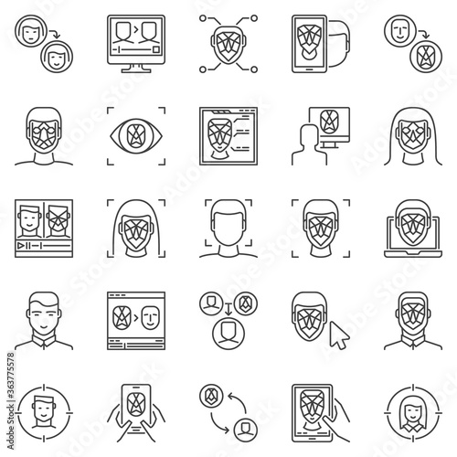 Face Recognition and Authentication outline icons set. Vector Deepfake technology concept symbols. Facial Recognition and verification linear signs
