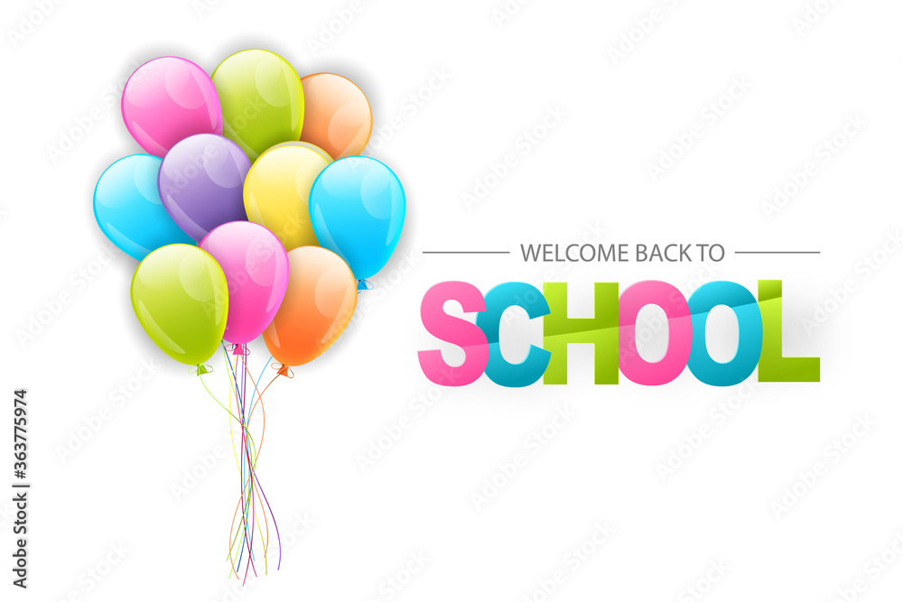 Welcome back to school illustration with a pile of colorful balloons and glass text. Vector illustration.