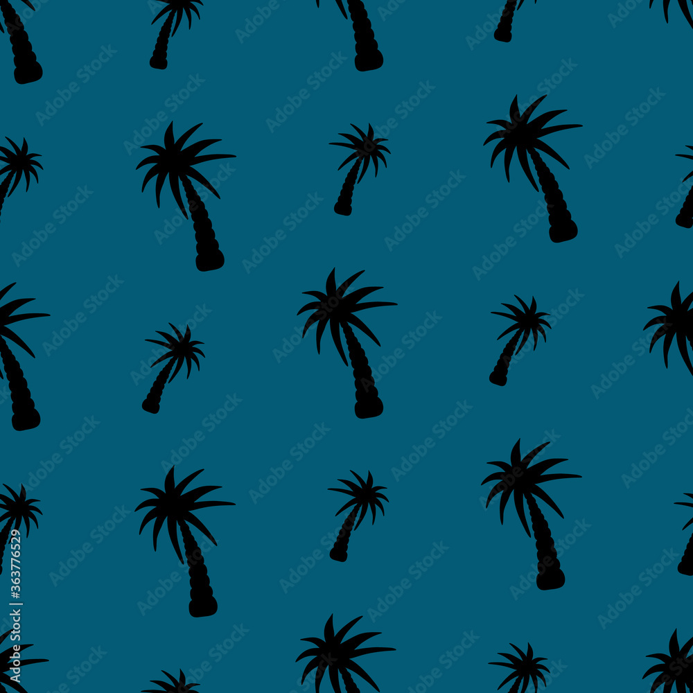 Silhouette. Palm. Hawaiian motifs. Tropical tree. Seamless vector pattern. Outline on an isolated background color of the sea wave. Repeating ornament. Flat style. Pictogram. Palm tree. Packaging.