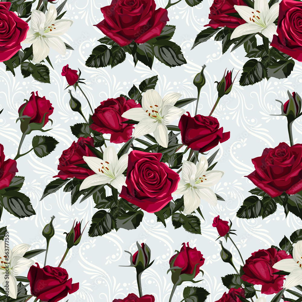 Seamless pattern with flowers of white lilies and red roses.