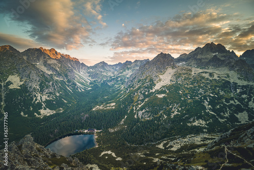 Sunset panorama in High Tatras mountains national park. Mountain popradske lake in Slovakia. photo