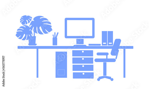 Freelancer workplace flat silhouette vector illustration. The computer workplace is isolated on a white background.