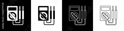 Set Ampere meter, multimeter, voltmeter icon isolated on black and white background. Instruments for measurement of electric current. Vector Illustration.