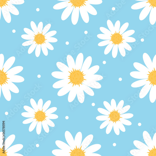 Seamless of daisy flower  with dots on a blue background vector. Cute floral print.