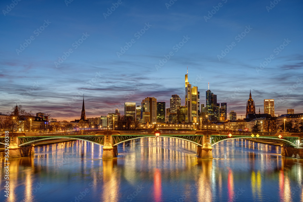The famous skyline of Frankfurt in Germany at twilight