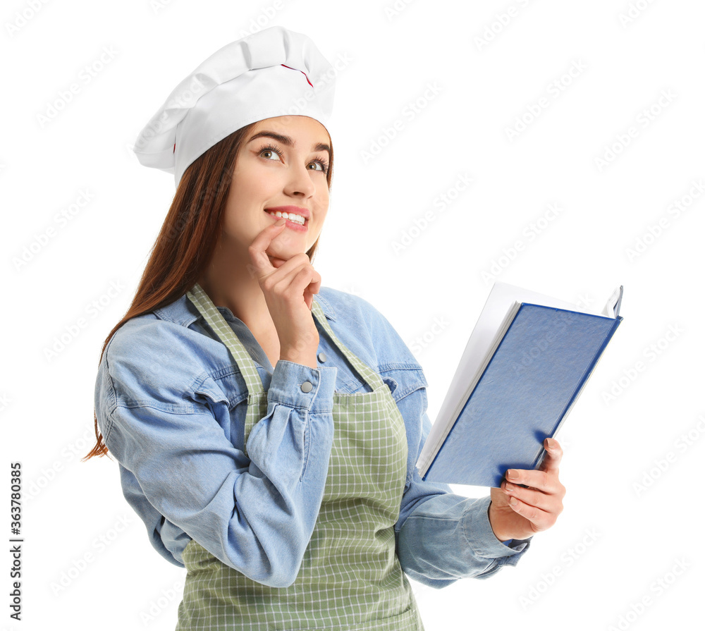 Young woman with recipe book on white background Young woman with recipe book on white background