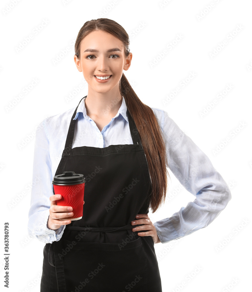 Young female barista on white background Young female barista on white background