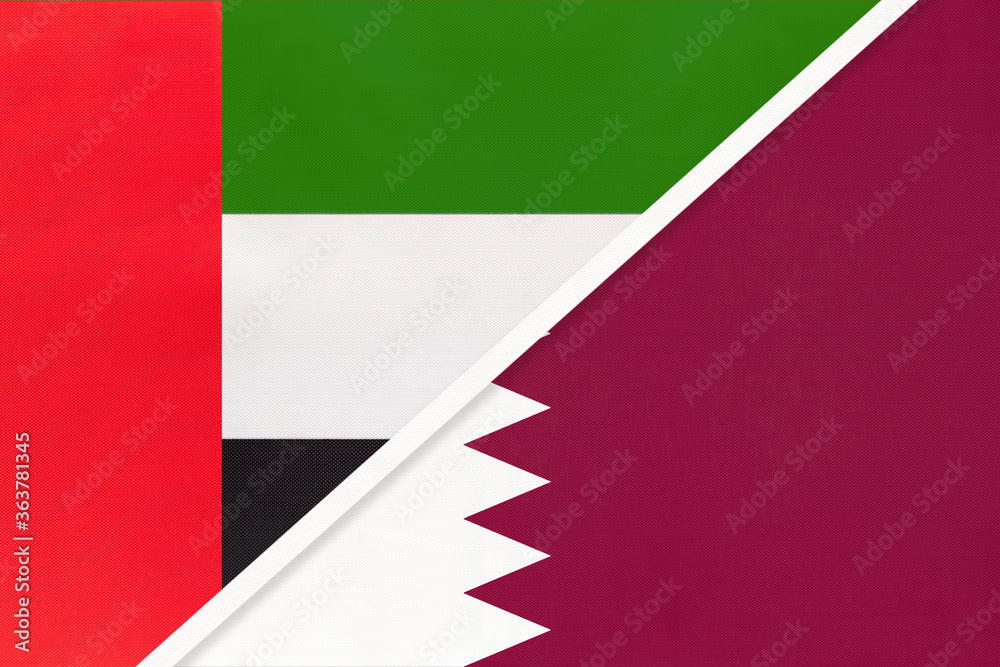 United Arab Emirates or UAE and Qatar, symbol of national flags from textile. Championship between two countries.