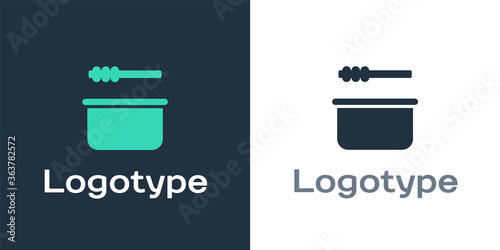 Logotype Sauna bucket and ladle icon isolated on white background. Logo design template element. Vector Illustration.