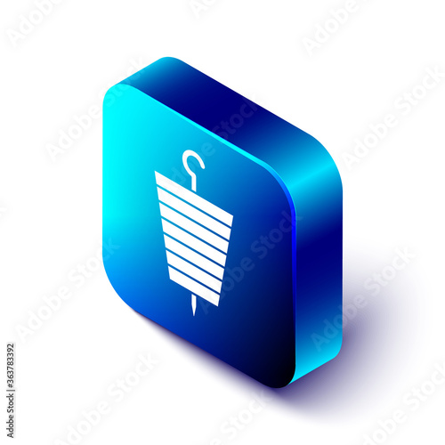 Isometric Grilled shish kebab on skewer stick icon isolated on white background. Meat kebab on skewer stick. Picnic with grilled meat. Blue square button. Vector Illustration.
