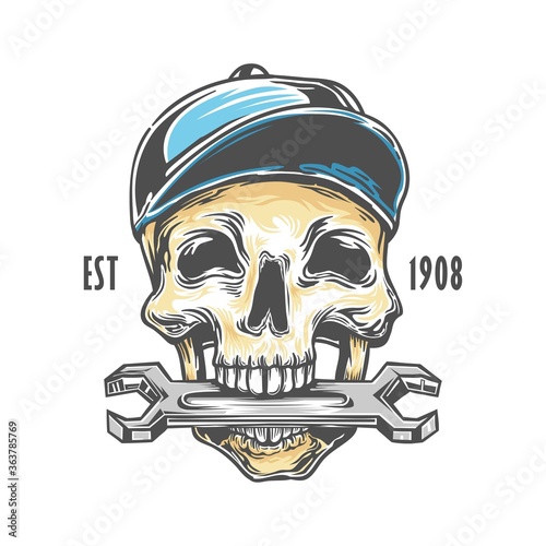 Skull mechanic  bite the wrench. Skeleton repairman with hat. Vintage logo vector illustration.