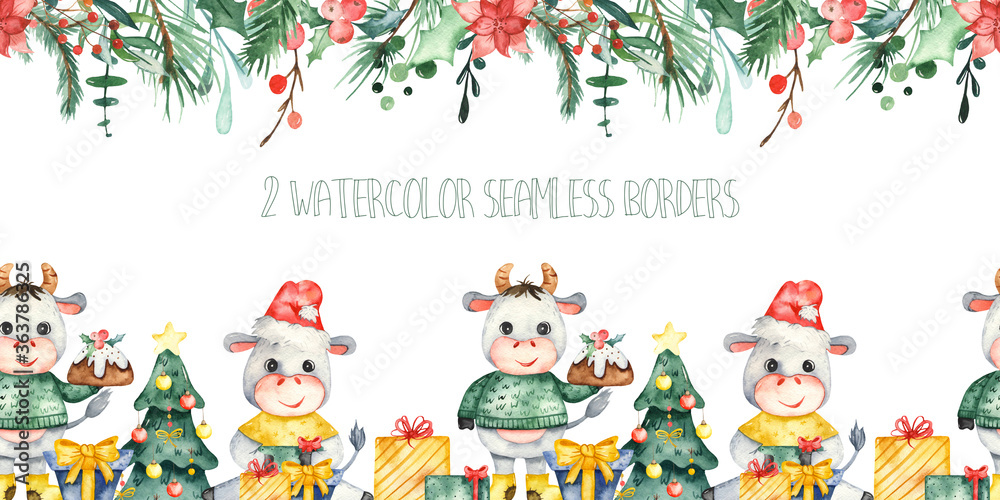 Watercolor seamless Christmas border with cute bulls