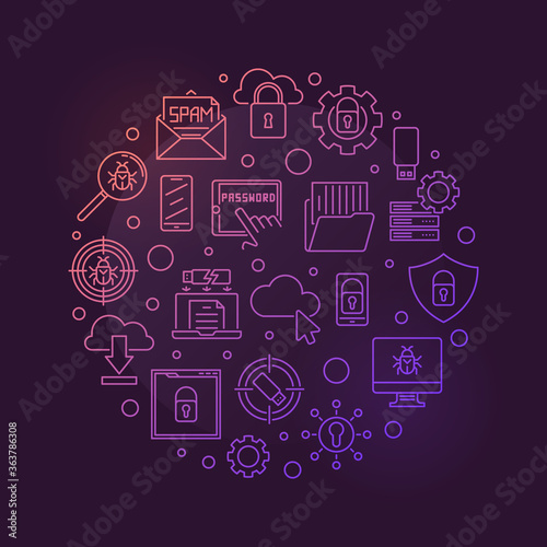 Vector Cybersecurity round concept colorful outline illustration on dark background