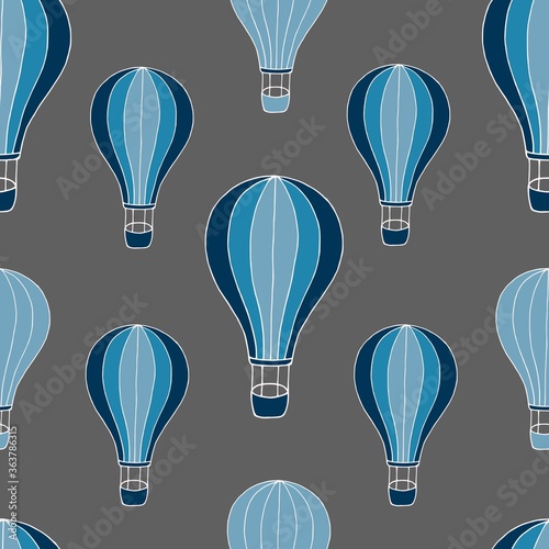 Seamless pattern with blue balloons isolated on grey background. Hand drawn design. Vector eps 10 © Elena
