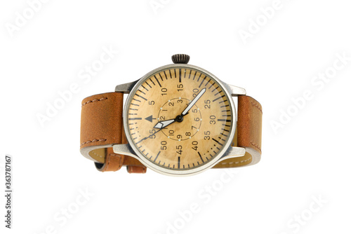 Analog wrist watch with brown dial and leather bracelet