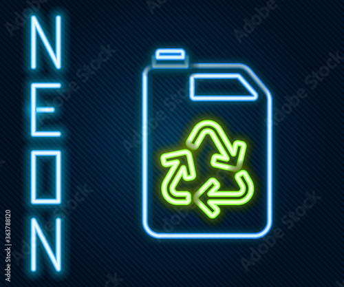 Glowing neon line Eco fuel canister icon isolated on black background. Eco bio and barrel. Green environment and recycle. Colorful outline concept. Vector Illustration.