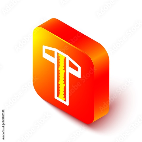 Isometric line T-square line for professional drafting icon isolated on white background. Orange square button. Vector Illustration.