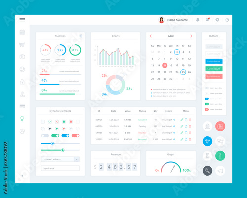 Marketing platform user interface (ui). Flat interface elements set of e-commerce platform. Dashboard admin panel with charts, graphs, calendar and business icon set. UI and UX vector illustration.
