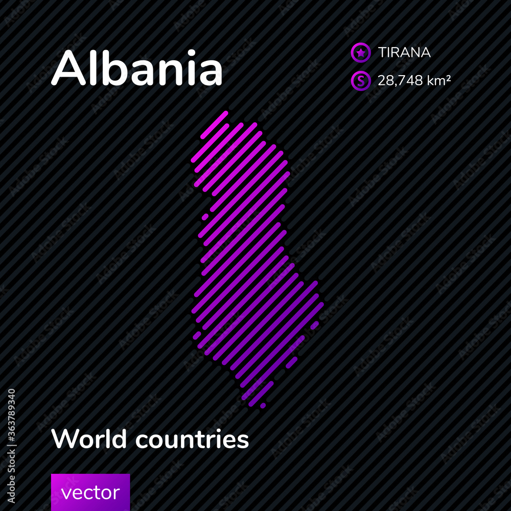 Vector abstract map of Albania with violet striped texture and striped dark background Vector abstract map of Albania with violet striped texture and striped dark background
