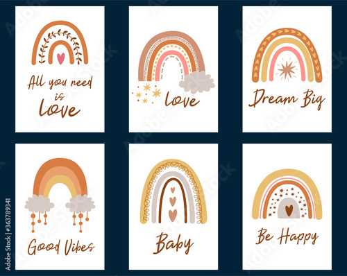 Set of cute baby shower cards with boho rainbows calligraphy quotes. Kids rainbow