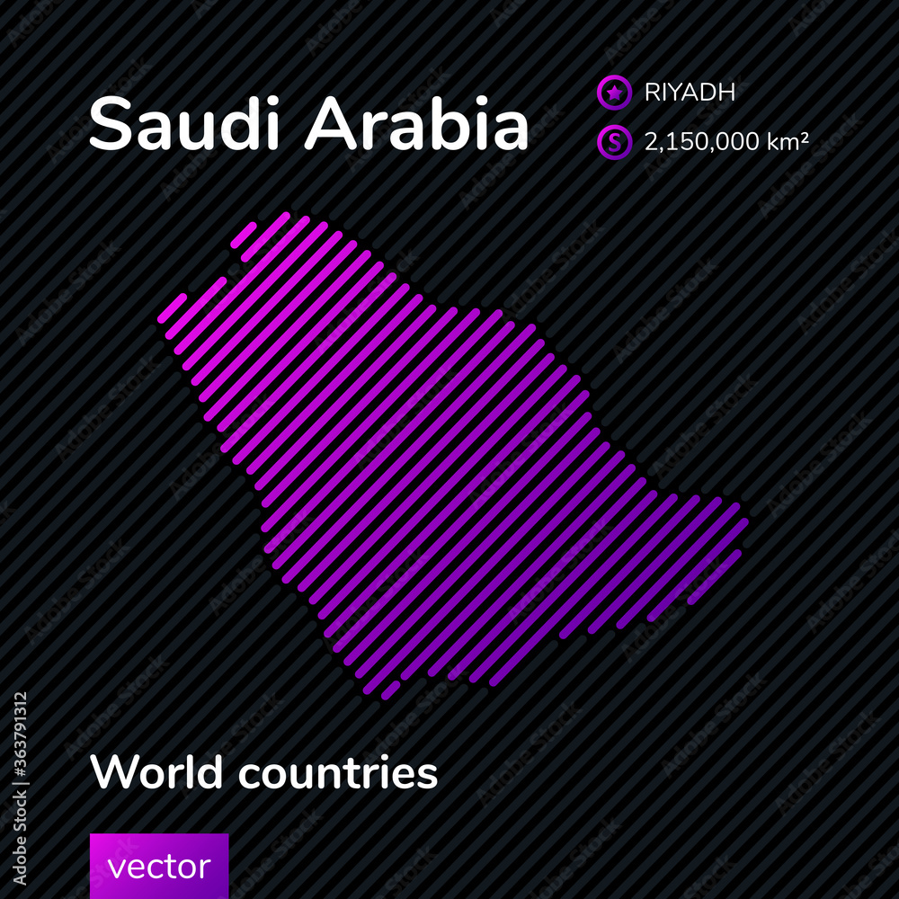 Vector abstract map of Saudi Arabia with violet striped texture and striped dark background Vector abstract map of Saudi Arabia with violet striped texture and striped dark background