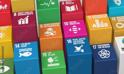 Sustainable Development Goals Blocks-3D Rendered Illustration SDG Icons Symbols for Presentation Article, Website Report, Brochure, Poster for NGO, or Social Movements. 2030.  photo