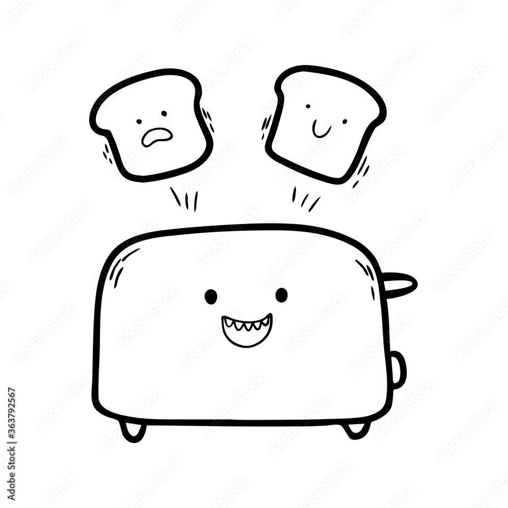 A Doodle-style toaster isolated on a white background. Mascot of a happy toaster with sandwich bread. Can be used for printing on t-shirts or other clothing or fabric. Vector illustration. A Doodle-style toaster isolated on a white background. Mascot of a happy toaster with sandwich bread. Can be used for printing on t-shirts or other clothing or fabric. Vector illustration.