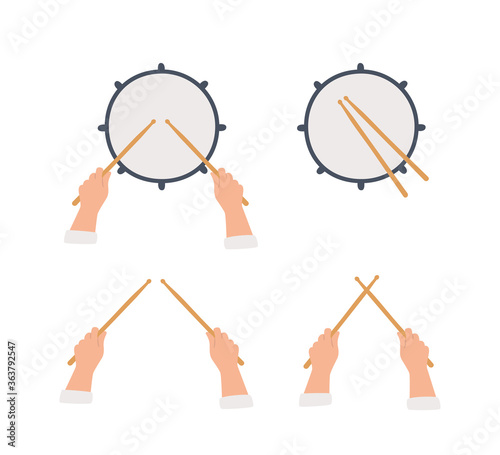 Hand drawn drum and hands holding drumsticks. Top view. Vector llustration in flat and cartoon style on white background