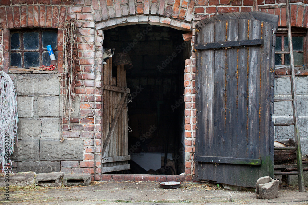 Obraz na płótnie Wejście do gospodarczego pomieszczenia z drewnianymi drzwiami, w starym wiejskim budynku. w salonie
