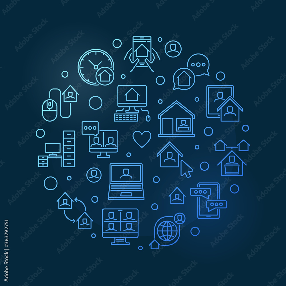 Work From Home vector concept circular blue linear illustration on dark background