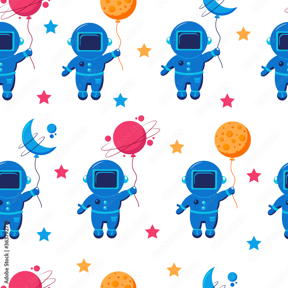 Naklejka premium Cute space seamless pattern. Stars, spacemans, planets, comets on background.