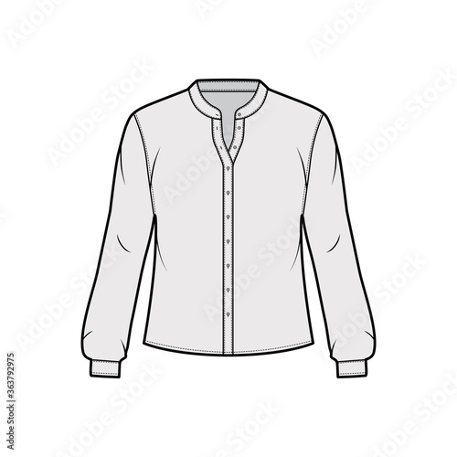 Shirt technical fashion illustration with curved mandarin stand collar and long sleeves with cuff. Flat apparel blouse template front, grey color. Women, men and unisex top CAD mockup