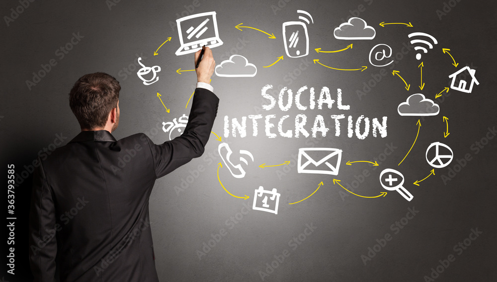 businessman drawing social media icons with SOCIAL INTEGRATION inscription, new media concept