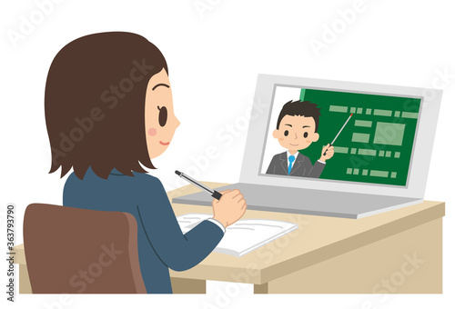 パソコンで勉強する女子学生　オンライン授業　オンライン学習　イラスト