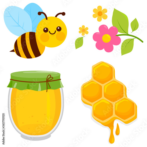 Fototapeta Naklejka Na Ścianę i Meble -  Honey jar and a bee, honeycomb and flowers. Vector illustration