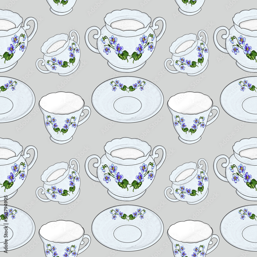 Creative composition with the image of tea utensils. Items from a tea set in a chaotic order, abstraction. It's time for tea or coffee. Design for printing on paper or fabric. Seamless model. Creative composition with the image of tea utensils. Items from a tea set in a chaotic order, abstraction. It's time for tea or coffee. Design for printing on paper or fabric. Seamless model.