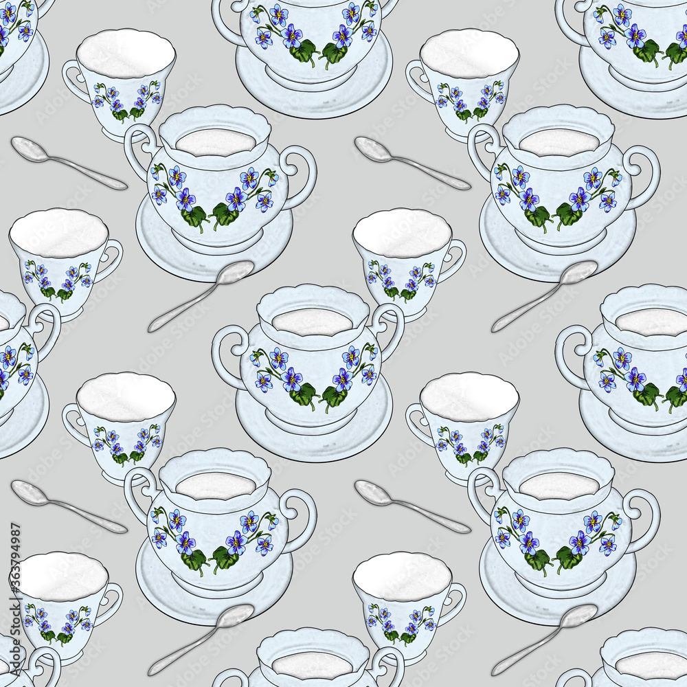 Creative composition with the image of tea utensils. Items from a tea set in a chaotic order, abstraction. It's time for tea or coffee. Design for printing on paper or fabric. Seamless model. Creative composition with the image of tea utensils. Items from a tea set in a chaotic order, abstraction. It's time for tea or coffee. Design for printing on paper or fabric. Seamless model.