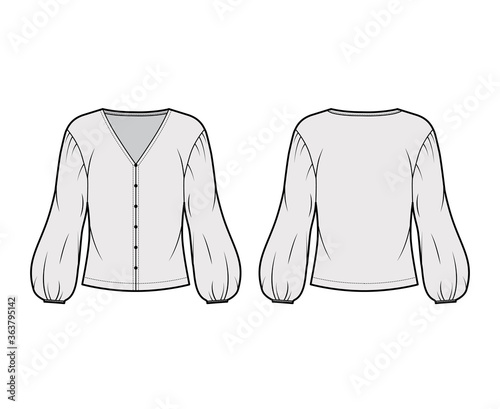 Blouse technical fashion illustration with V neck, dropped voluminous sleeves, oversized body. Flat apparel shirt template front, back, grey color. Women men and unisex top CAD mockup