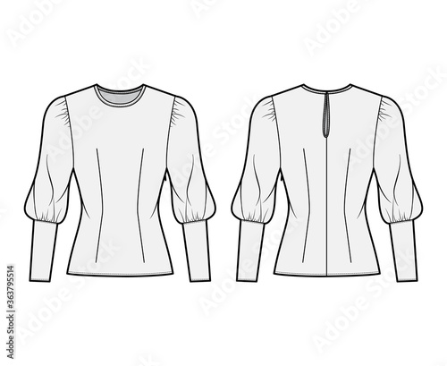 Blouse technical fashion illustration with round neckline, puffy mutton sleeves, fitted body. Flat apparel template front, back grey color. Women, men unisex CAD garment designer mockup
