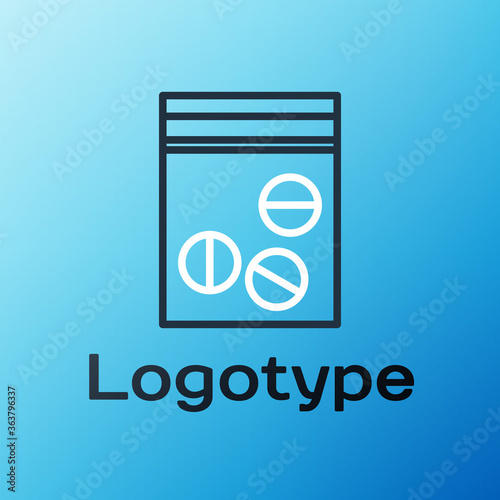 Line Plastic bag of drug icon isolated on blue background. Health danger. Colorful outline concept. Vector Illustration.