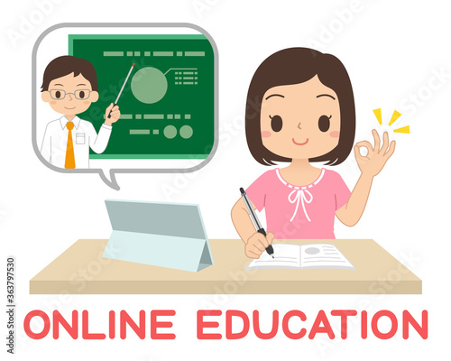 タブレットで勉強する女子学生　オンライン授業　オンライン学習　イラスト