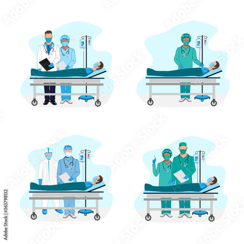 A doctor with a patient in intensive care. The patient is connected to an artificial respiration apparatus. Set of vector illustrations.