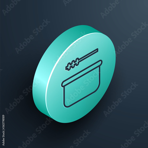 Isometric line Sauna bucket and ladle icon isolated on black background. Turquoise circle button. Vector Illustration.