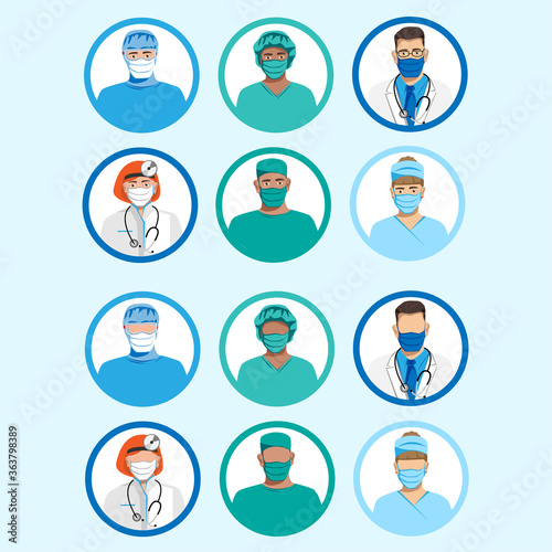 Set of characters doctors and nurses in protective masks. Thanks to the doctors and nurses. Quarantine. Vector illustration