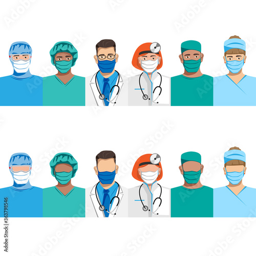 Set of characters doctors and nurses in protective masks. Thanks to the doctors and nurses. Quarantine. Vector illustration